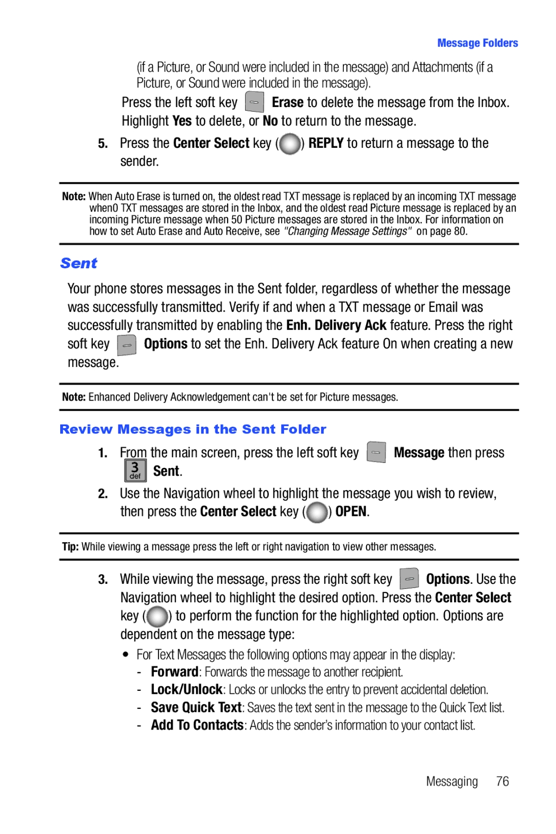 Samsung Glyde user manual Review Messages in the Sent Folder 