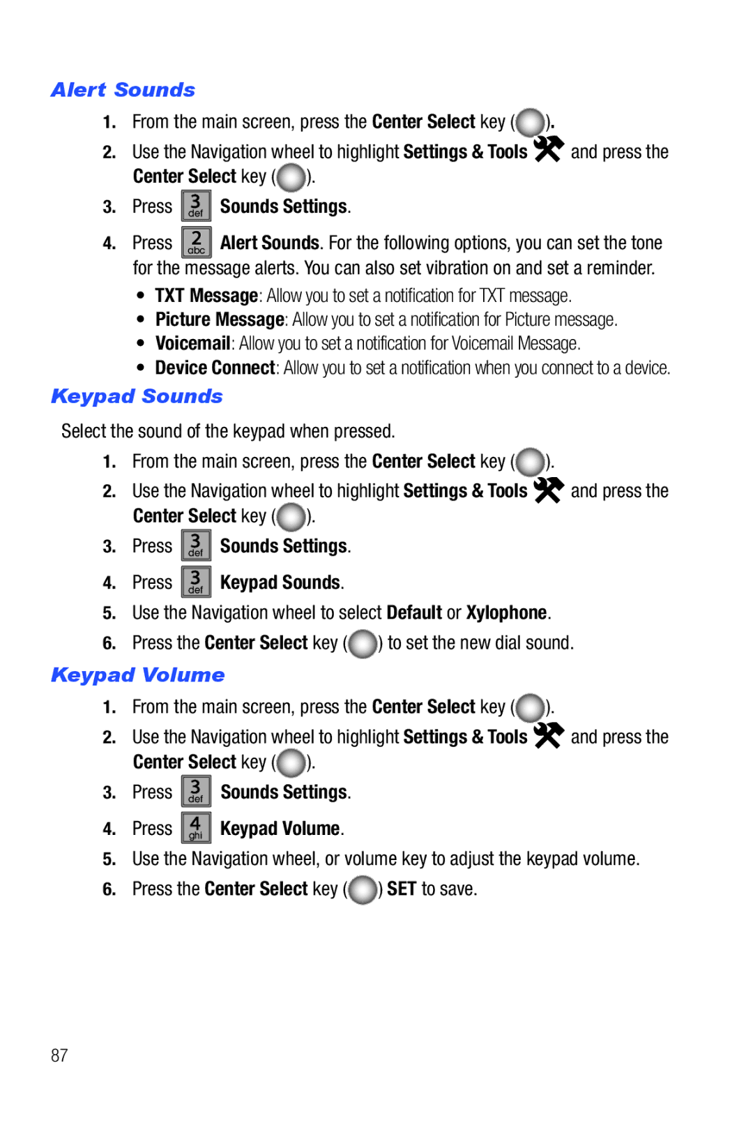 Samsung Glyde user manual Alert Sounds, Keypad Sounds, Keypad Volume 