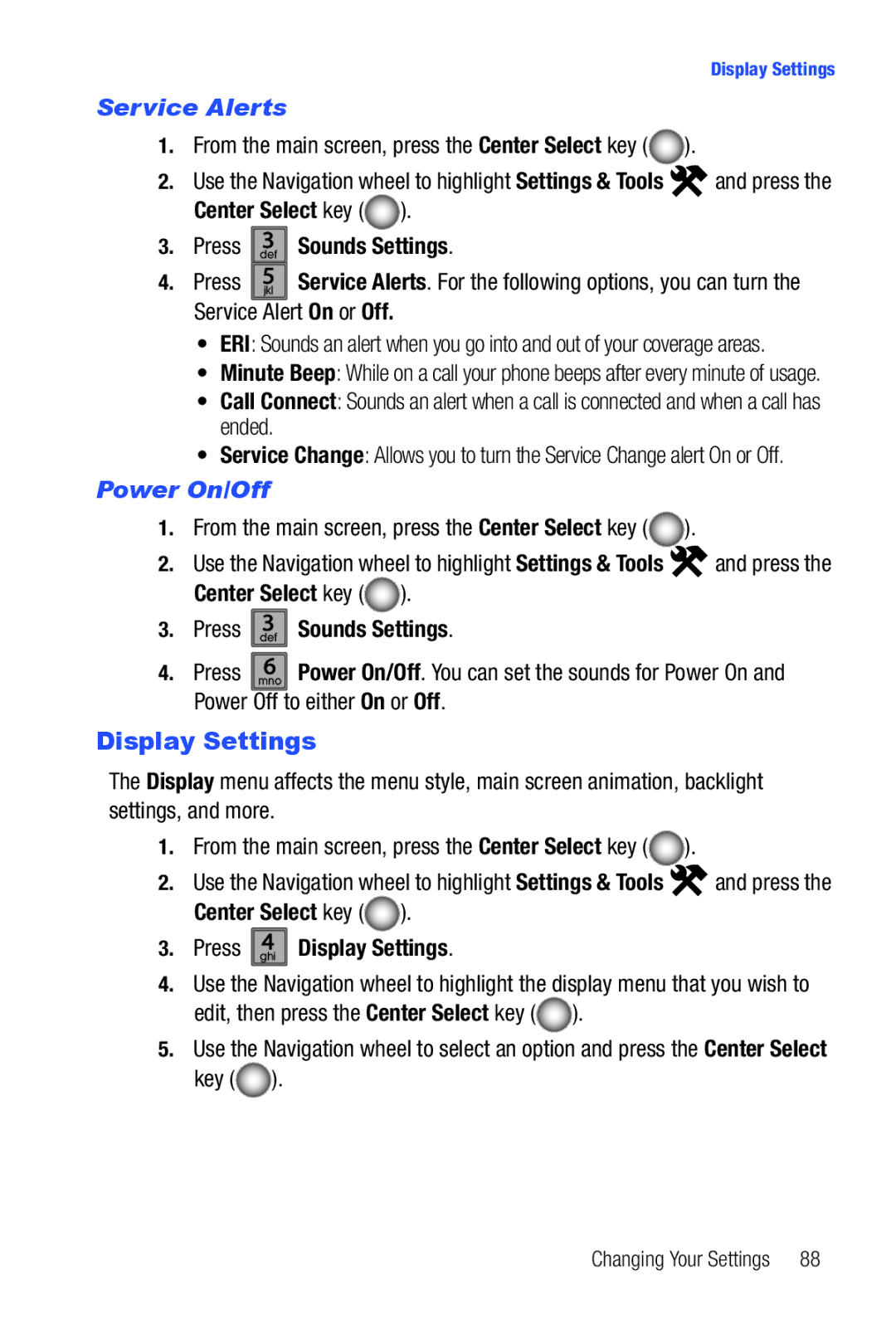 Samsung Glyde user manual Service Alerts, Service Alert On or Off, Power On/Off, Press ghi4 Display Settings 