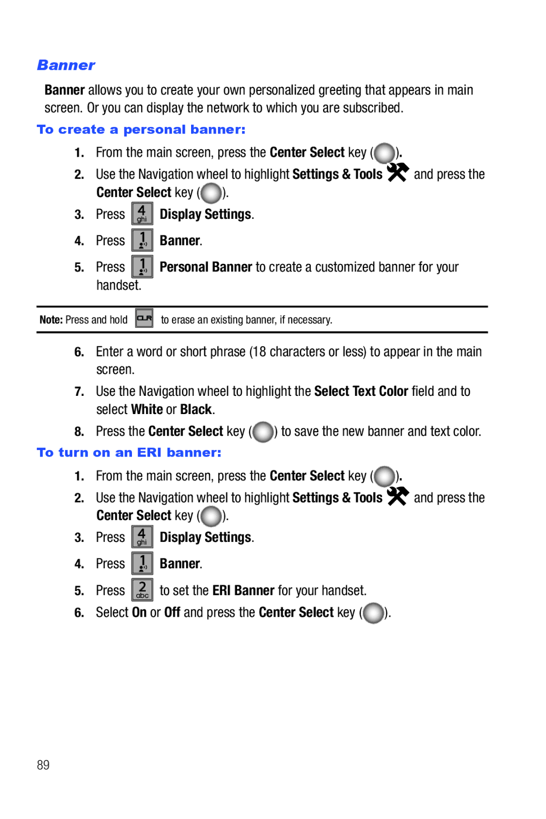 Samsung Glyde user manual Press 1 Banner, To create a personal banner, To turn on an ERI banner 