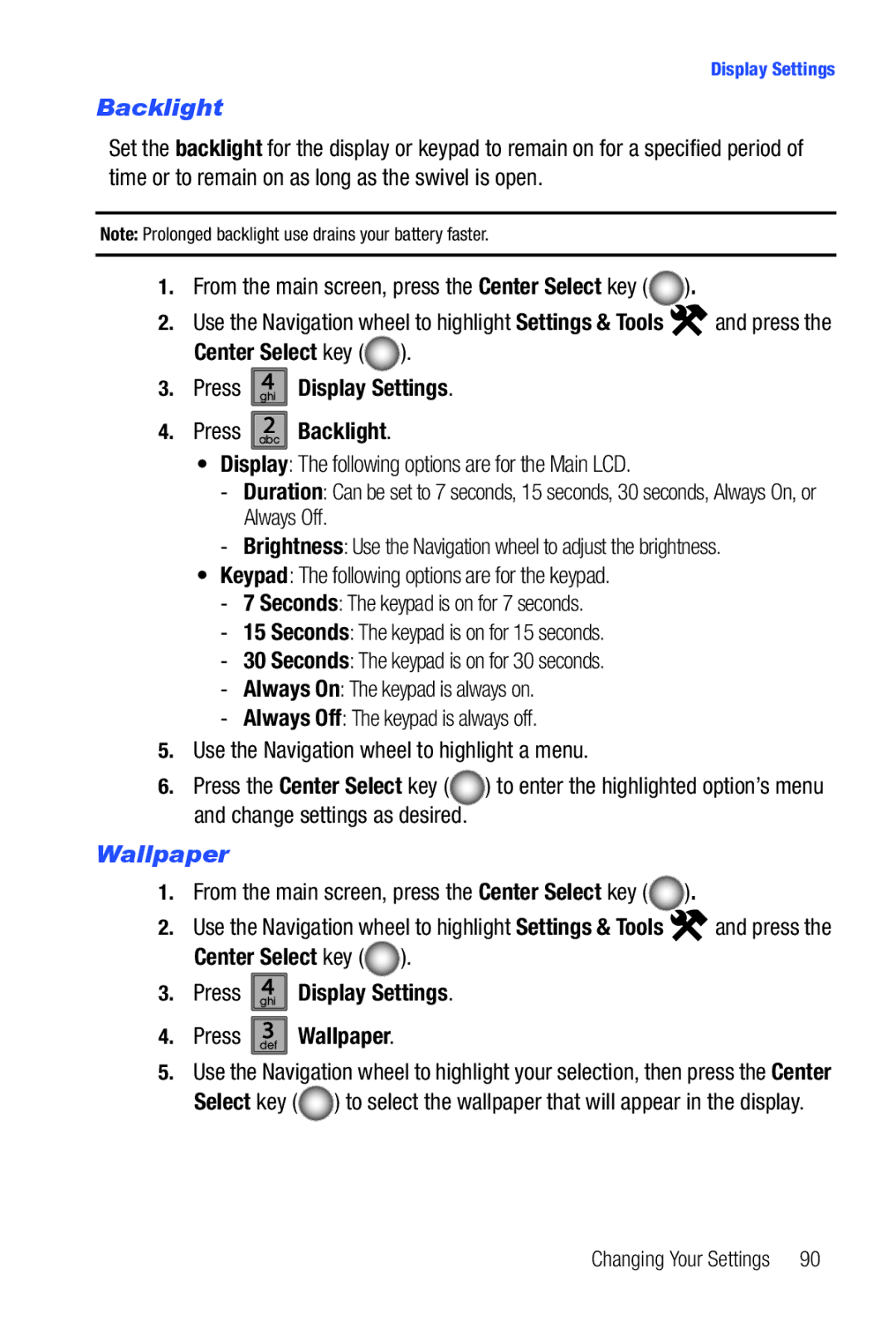 Samsung Glyde user manual Press ghi4 Display Settings Press abc2 Backlight, Wallpaper 