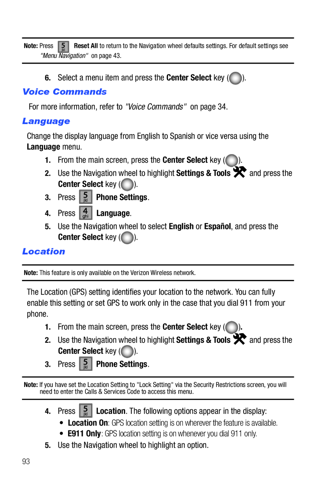 Samsung Glyde user manual Voice Commands, Press ghi4 Language, Location 