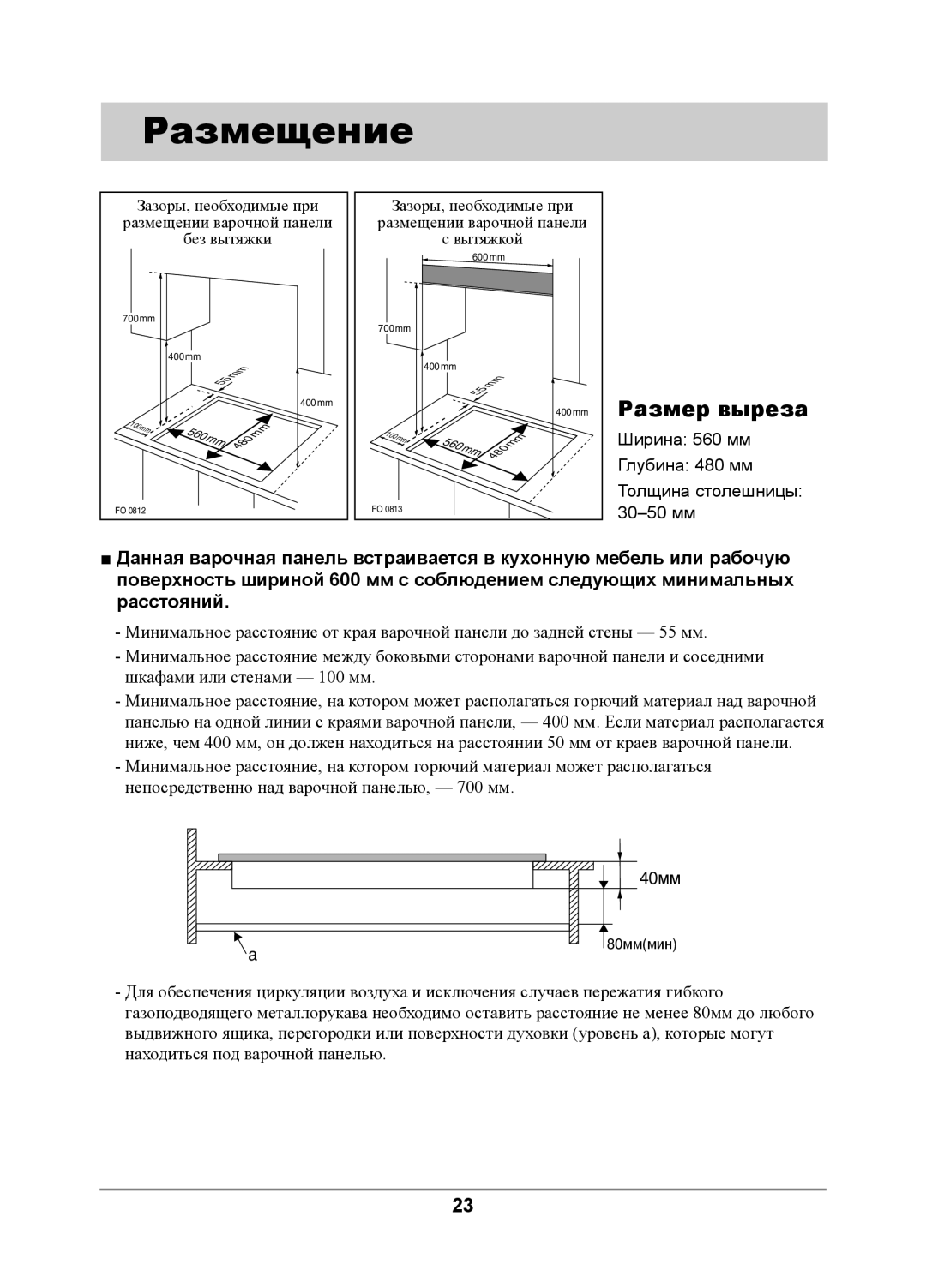 Samsung GN642JDXD1/BWT, GN641FDBD1/BWT, GN642JDBD1/BWT, GN641FDXD1/BWT manual Размещение, Размер выреза 