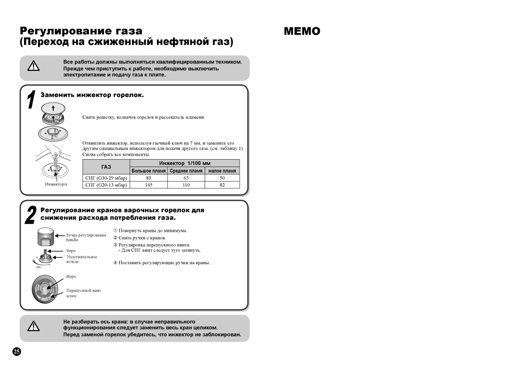 Samsung GN642FFBD/BWT, GN641FFXD/BWT, GN641FFBD/BWT, GN642FFXD/BWT manual Регулирование газа 