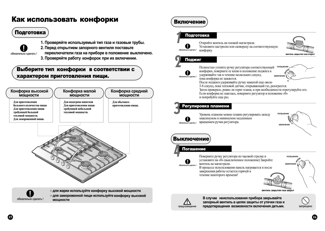 Samsung GN641FFBD/BWT, GN641FFXD/BWT, GN642FFBD/BWT, GN642FFXD/BWT manual Конфорка малой Мощности Конфорка средней 