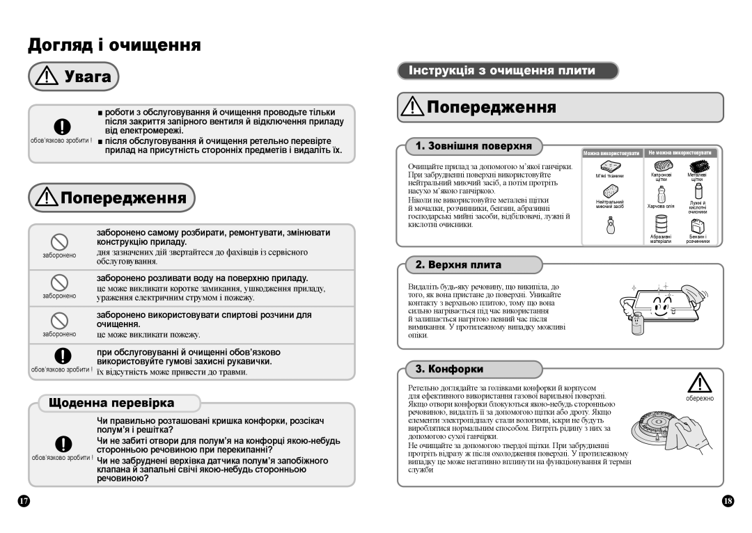 Samsung GN641FFXD/BWT, GN642FFWD/BWT, GN641FFWD/BWT, GN641FFBD/BWT manual Догляд і очищення, Інструкція з очищення плити 