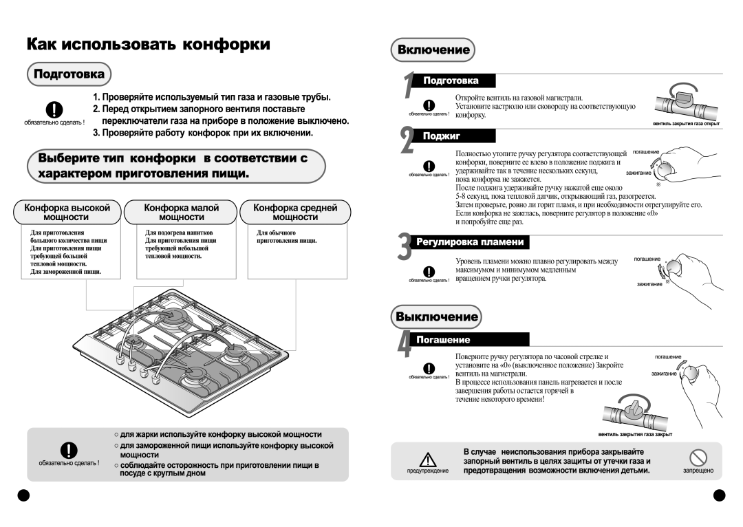 Samsung GN642FFWD/BWT, GN641FFXD/BWT, GN641FFWD/BWT, GN641FFBD/BWT manual Конфорка малой Мощности Конфорка средней 