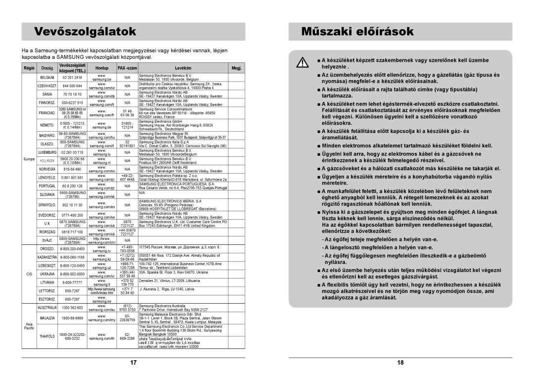 Samsung GN641FFXD/XEH, GN641FFXD/BOL manual Vevőszolgálatok, Műszaki előírások 