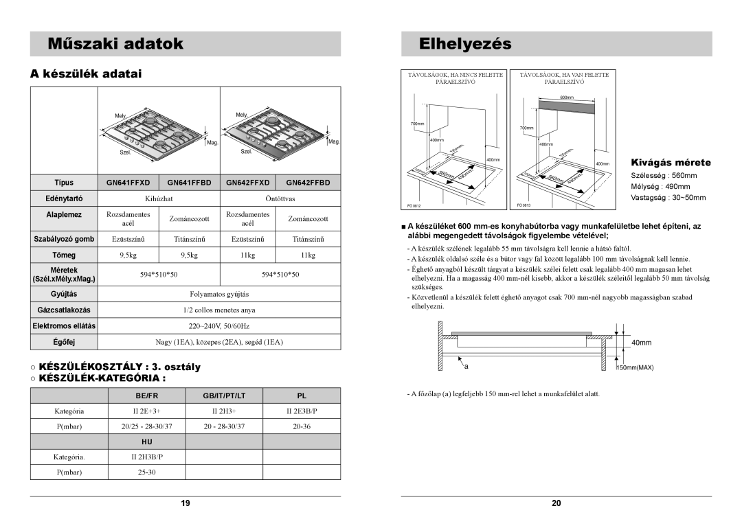 Samsung GN641FFXD/BOL, GN641FFXD/XEH manual Műszaki adatok, Elhelyezés, Kivágás mérete, Készülékosztály 3. osztály 