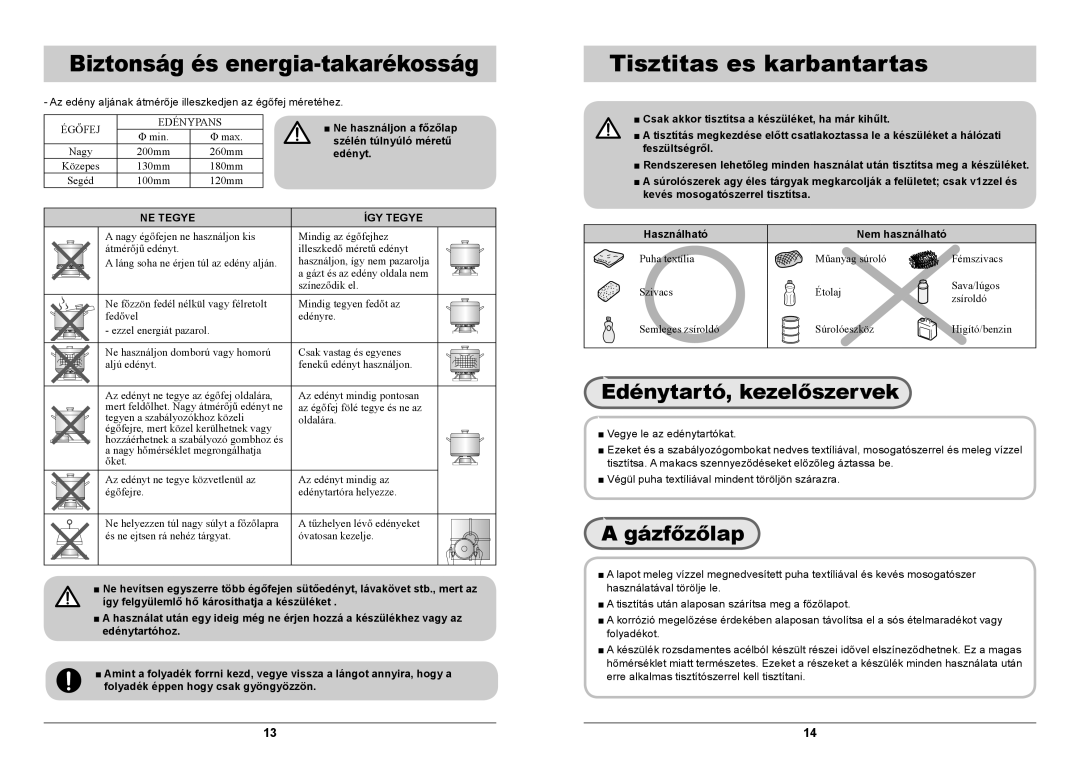 Samsung GN641FFXD/XEH Biztonság és energia-takarékosság, Tisztitas es karbantartas, Edénytartó, kezelőszervek, Gázfőzőlap 