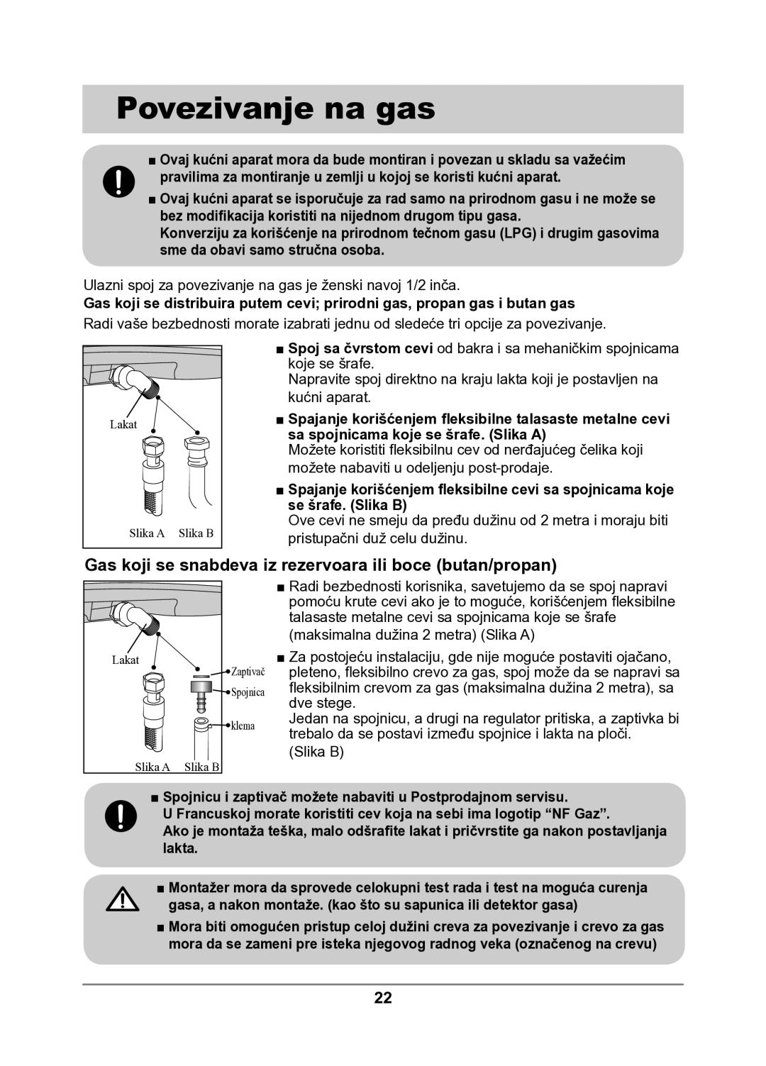 Samsung GN641FFXD/XEH manual Povezivanje na gas, Gas koji se snabdeva iz rezervoara ili boce butan/propan 