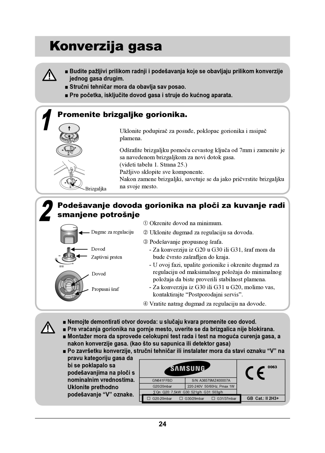 Samsung GN641FFXD/XEH manual Konverzija gasa, Promenite brizgaljke gorionika 