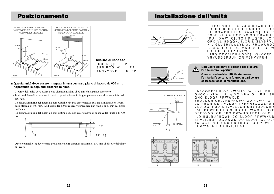 Samsung GN641JDXD1/XET, GN641FDXD1/XET manual Posizionamento Installazione dell’unità, Misure di incasso 