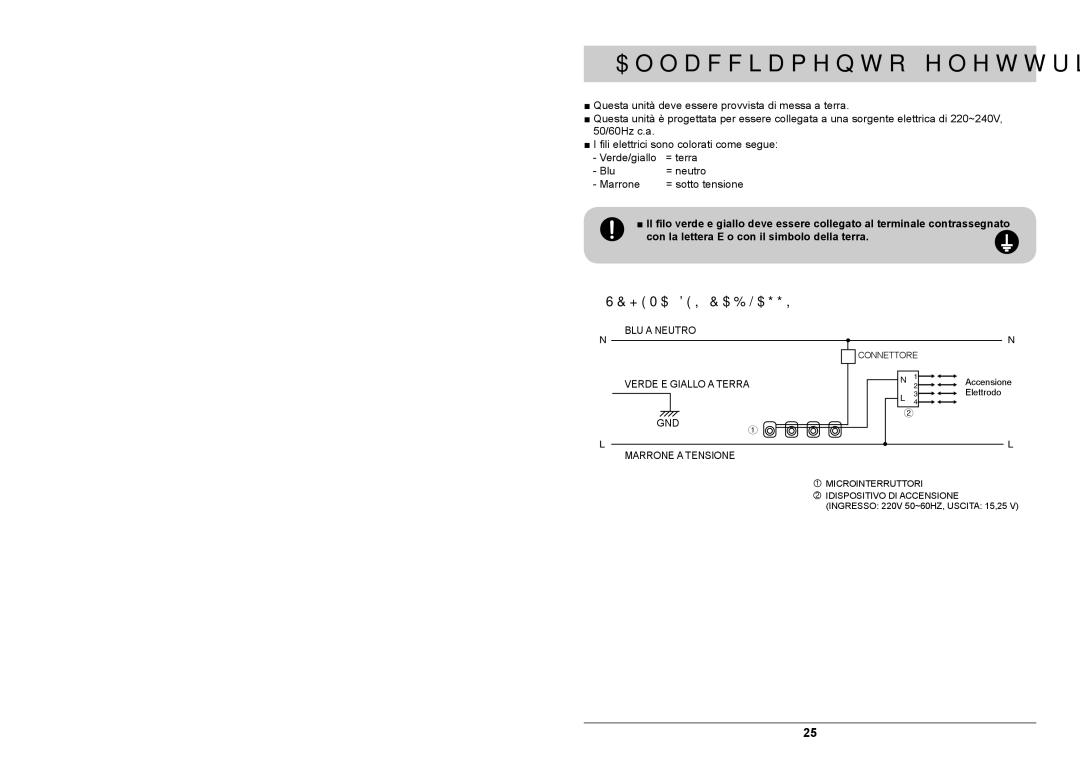 Samsung GN641FDXD1/XET manual Allacciamento del gas, Allacciamento elettrico, Con la lettera E o con il simbolo della terra 