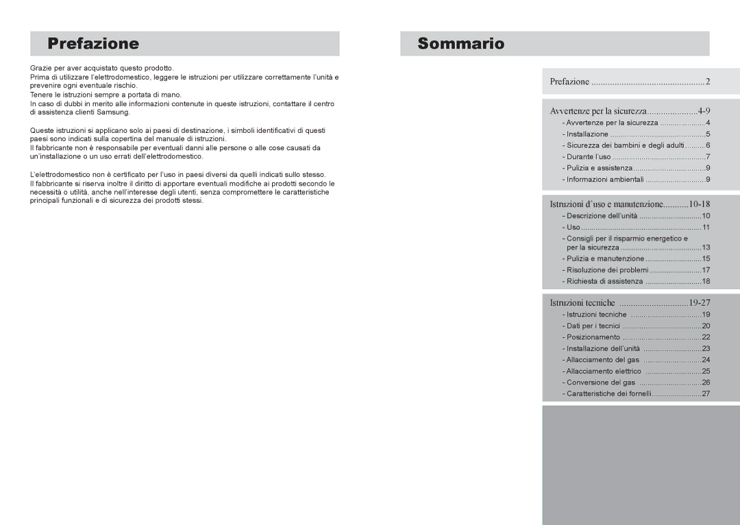 Samsung GN641JDXD1/XET, GN641FDXD1/XET manual Prefazione, Sommario, Consigli per il risparmio energetico e 