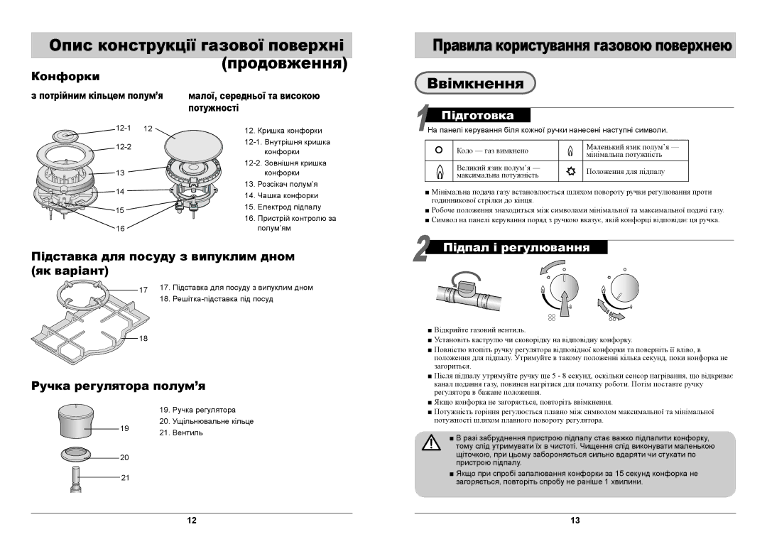 Samsung GN642JDBD1/BWT manual Ввімкнення, Конфорки, Підпал і регулювання, Підставка для посуду з випуклим дном як варіант 