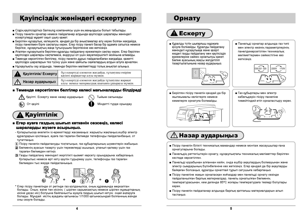 Samsung GN642JDBD1/BWT, GN642FDBD1/BWT manual Қауіпсіздік жѳніндегі ескертулер, Орнату, Қауіптілік, Ескерту, Назар аударыңыз 