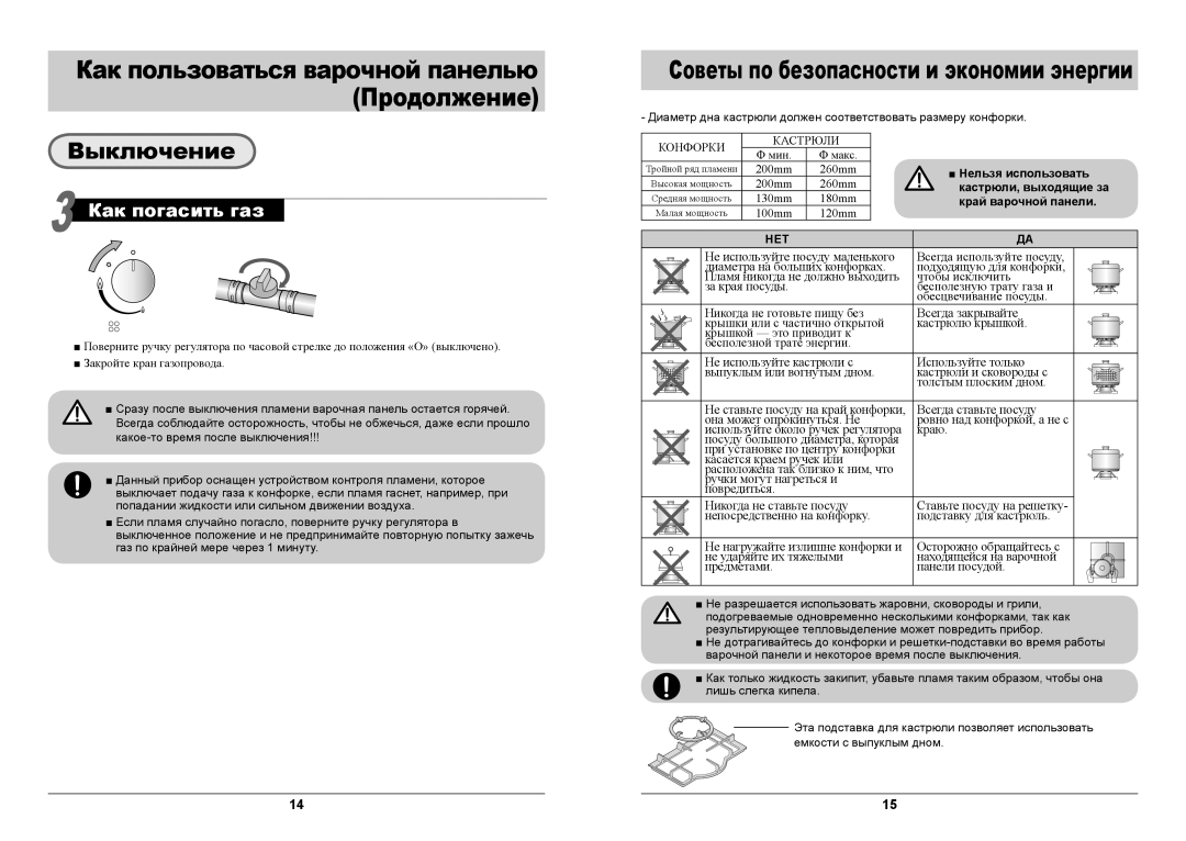 Samsung GN642FDBD1/BWT Выключение, Как погасить газ, Нельзя использовать, Кастрюли, выходящие за, Край варочной панели 