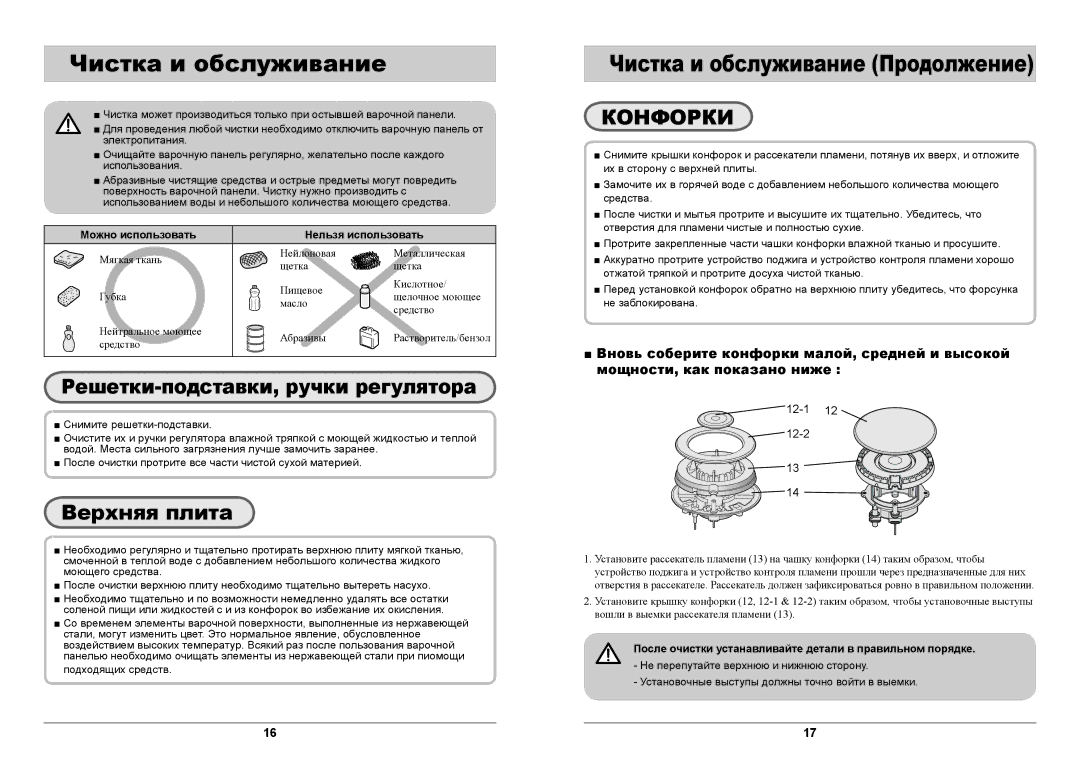 Samsung GN642JDBD1/BWT manual Решетки-подставки, ручки регулятора, Верхняя плита, Чистка и обслуживание Продолжение 