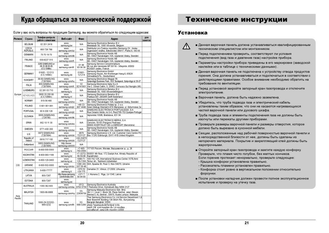 Samsung GN642FFGD/BWT manual Технические инструкции, Установка 