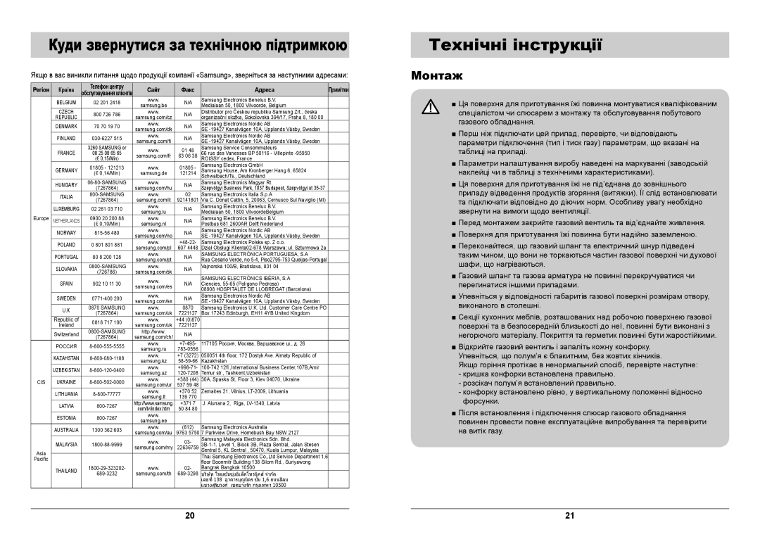 Samsung GN642FFGD/BWT manual Технічні інструкції, Куди звернутися за технічною підтримкою, Монтаж 