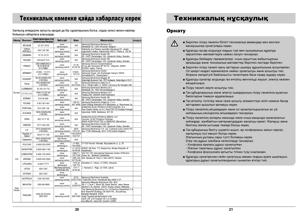 Samsung GN642FFGD/BWT manual Техникалық кѳмекке қайда хабарласу керек, Техниккалық нұсқаулық, Орнату 