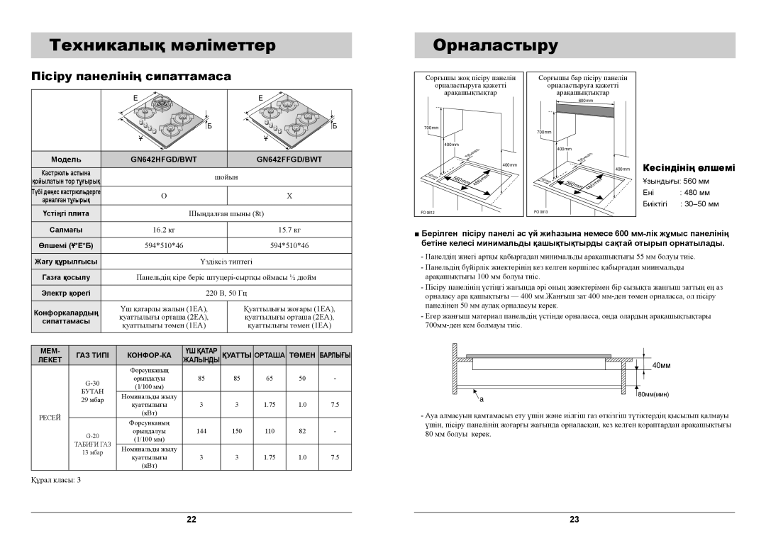 Samsung GN642FFGD/BWT manual Техникалық мәліметтер, Орналастыру, Пісіру панелінің сипаттамаса, Кесіндінің ѳлшемі, Салмағы 