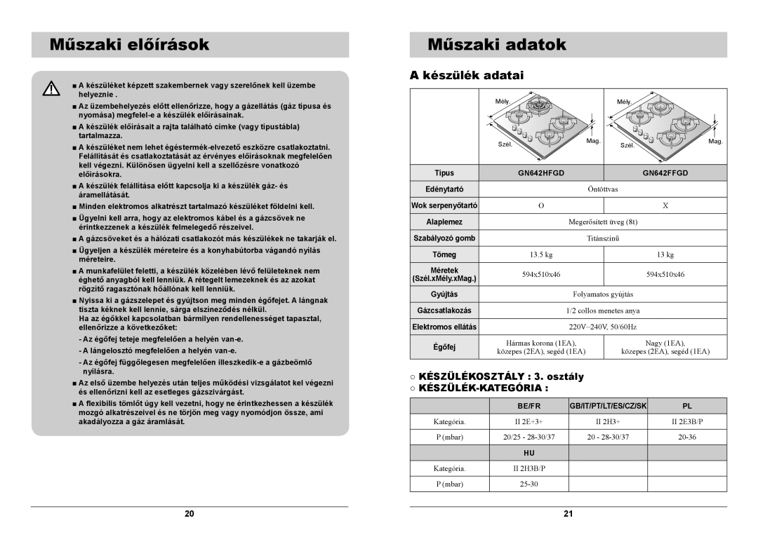 Samsung GN642FFGD/XEH manual Műszaki előírások, Műszaki adatok, Készülékosztály 3. osztály, GN642HFGD GN642FFGD 