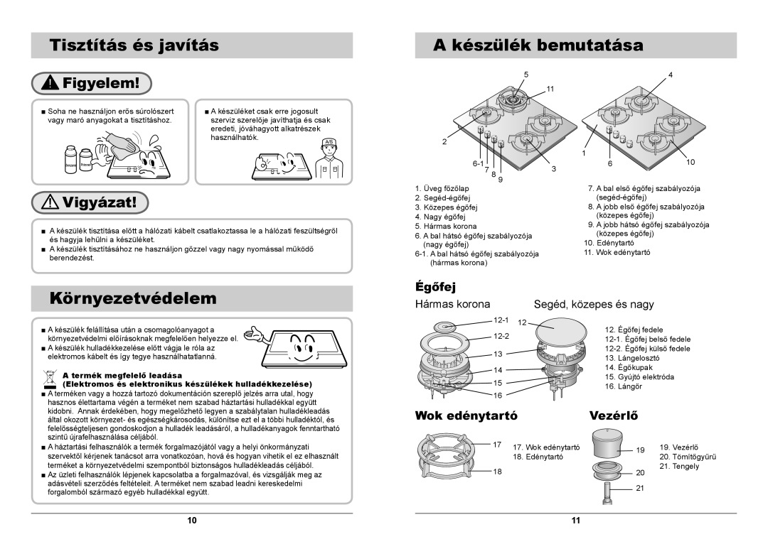 Samsung GN642FFGD/XEH manual Tisztítás és javítás Készülék bemutatása, Környezetvédelem 