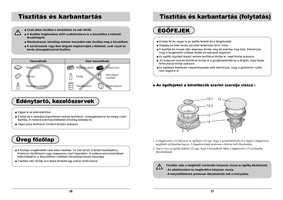 Samsung GN642FFGD/XEH manual Tisztítás és karbantartás folytatás, Edénytartó, kezelőszervek, Üveg főzőlap 