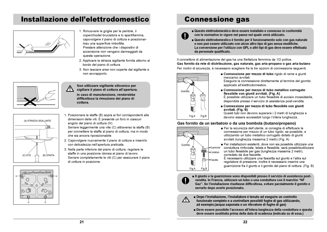 Samsung GN642FFXD/XET manual Installazione dell’elettrodomestico, Connessione gas 