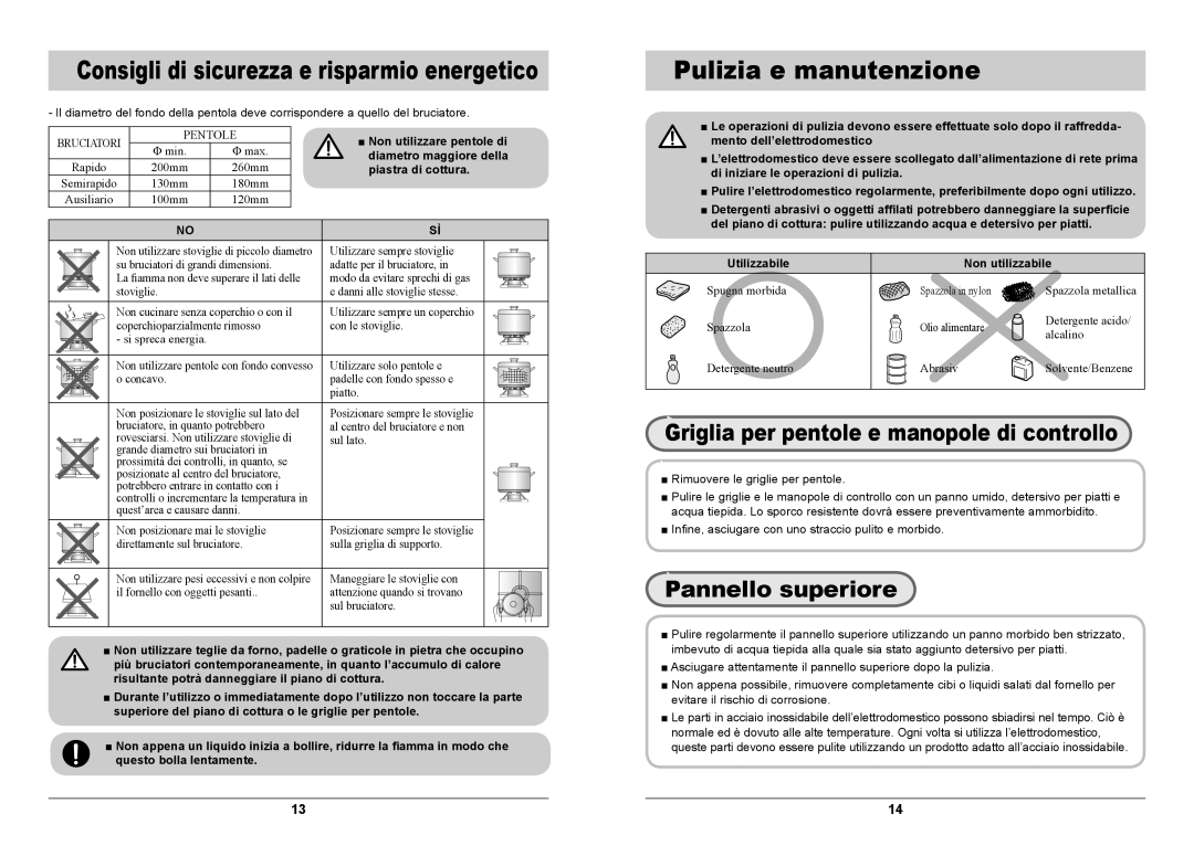 Samsung GN642FFXD/XET manual Pulizia e manutenzione, Griglia per pentole e manopole di controllo, Pannello superiore 