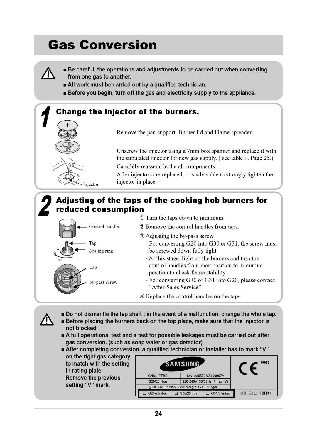 Samsung GN642FFXD/XET, GN642FFXD/XEU, GN642FFXD/BOL, GN641FFXD/XEH manual Gas Conversion, Change the injector of the burners 