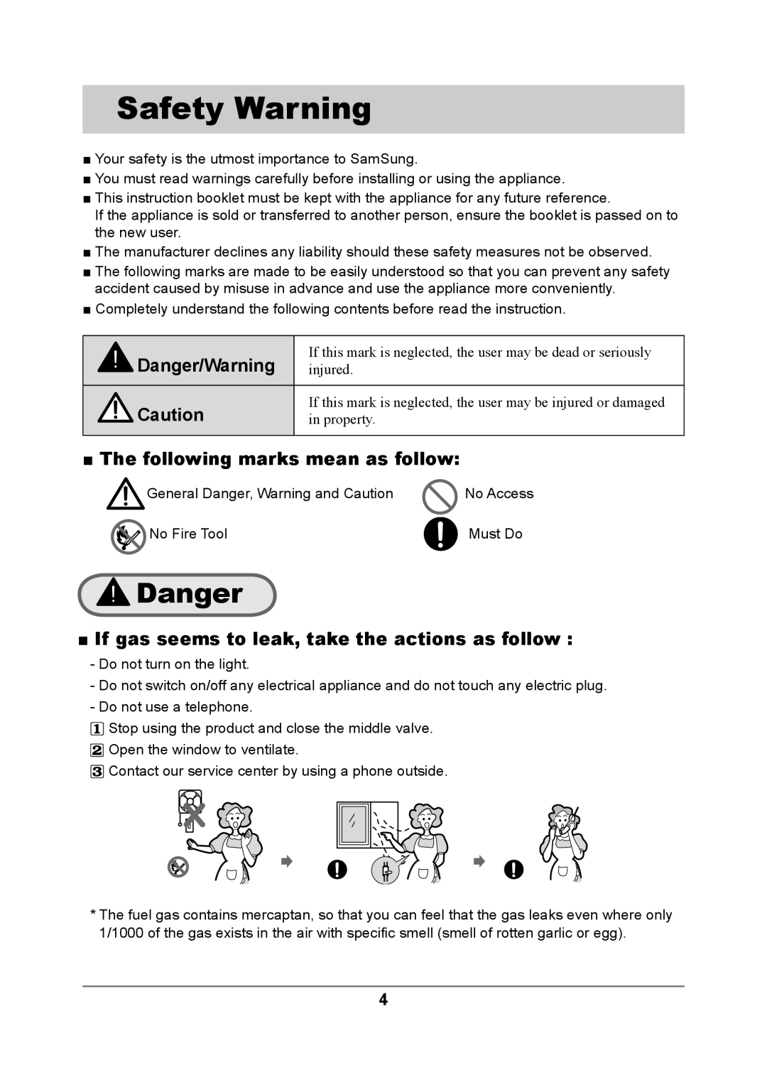 Samsung GN642FFXD/BWT, GN642FFXD/XEU, GN642FFXD/XET manual Safety Warning, If gas seems to leak, take the actions as follow 