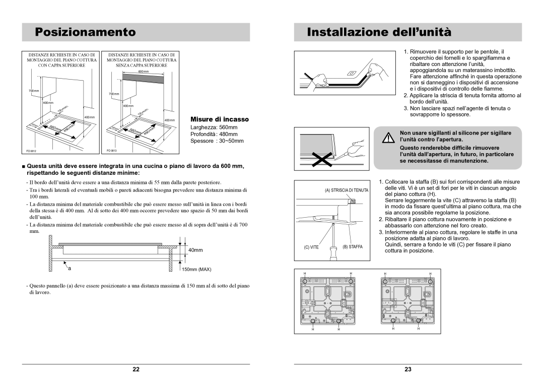 Samsung GN642JDXD1/XET manual Posizionamento Installazione dell’unità, Misure di incasso 