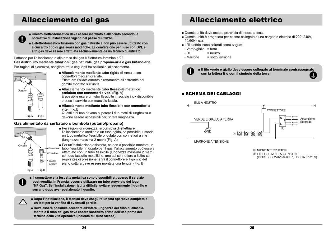 Samsung GN642JDXD1/XET manual Allacciamento del gas, Allacciamento elettrico, Con la lettera E o con il simbolo della terra 