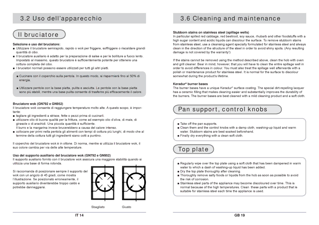 Samsung GN792IFXAG/XET Uso dell’apparecchio Il bruciatore, Cleaning and maintenance, Pan support, control knobs, Top plate 