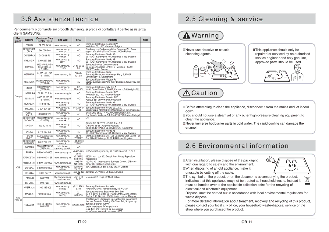 Samsung GN792IFXAG/XET, GN792IFXA/XET manual Assistenza tecnica, Cleaning & service Warning, Environmental information 