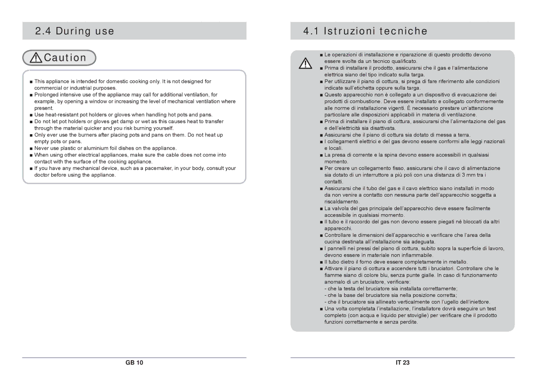 Samsung GN792IFXA/XET, GN792IFXAG/XET manual During use Caution, Istruzioni tecniche 