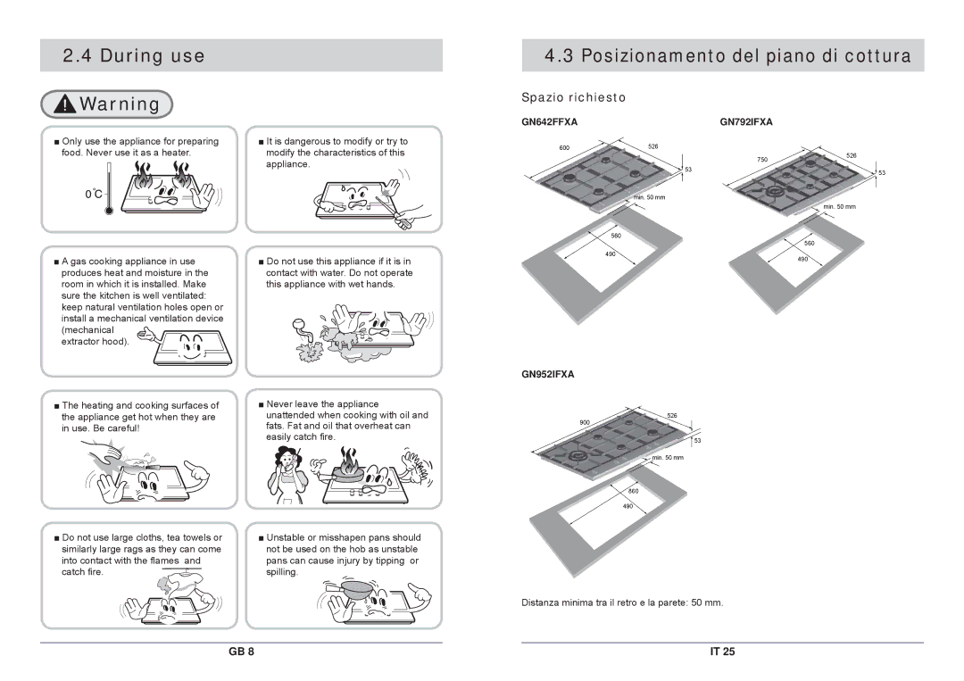 Samsung GN792IFXA/XET, GN792IFXAG/XET manual Posizionamento del piano di cottura, Spazio richiesto 