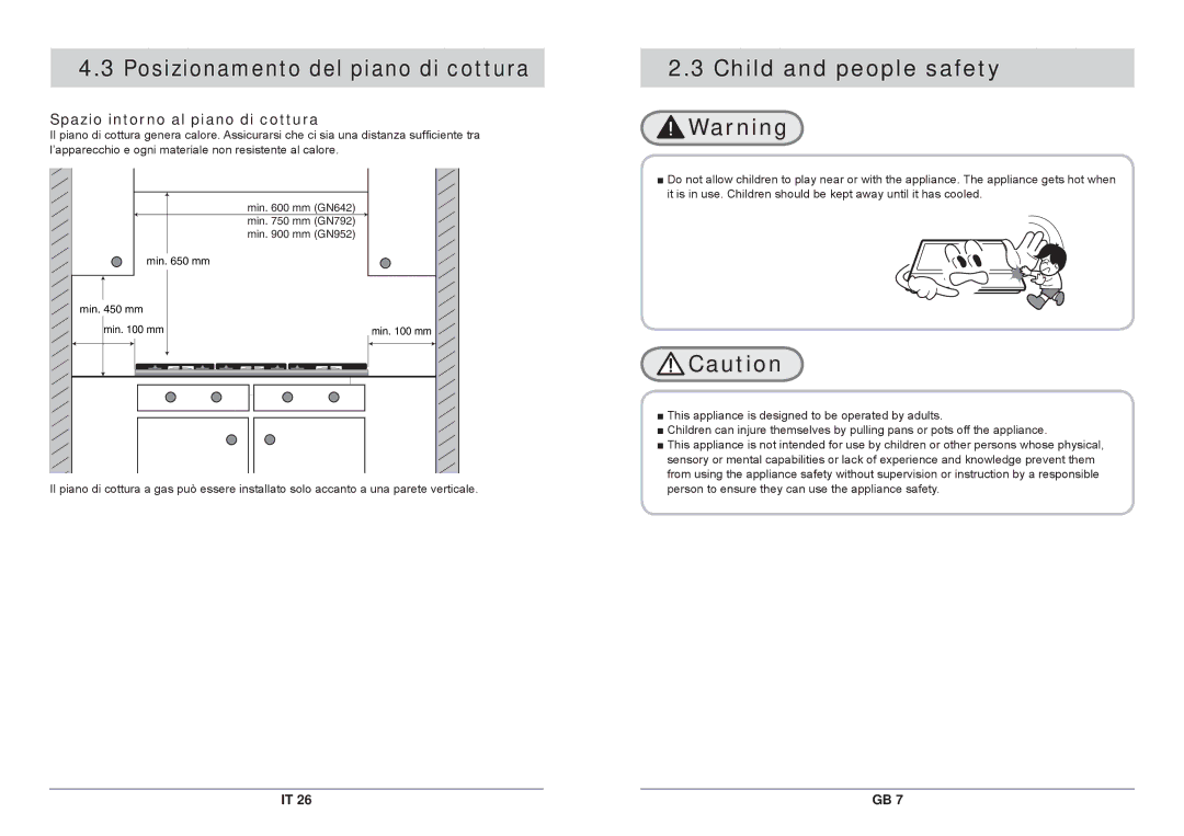 Samsung GN792IFXAG/XET, GN792IFXA/XET manual Child and people safety Warning, Spazio intorno al piano di cottura 