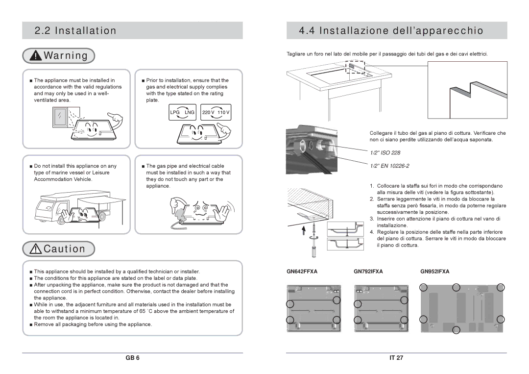 Samsung GN792IFXA/XET, GN792IFXAG/XET manual Installation Warning, Installazione dell’apparecchio 