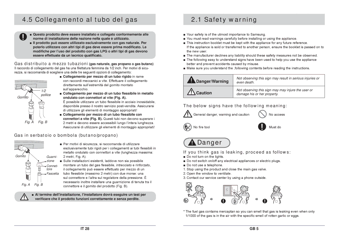 Samsung GN792IFXAG/XET, GN792IFXA/XET Collegamento al tubo del gas, Safety warning, Below signs have the following meaning 