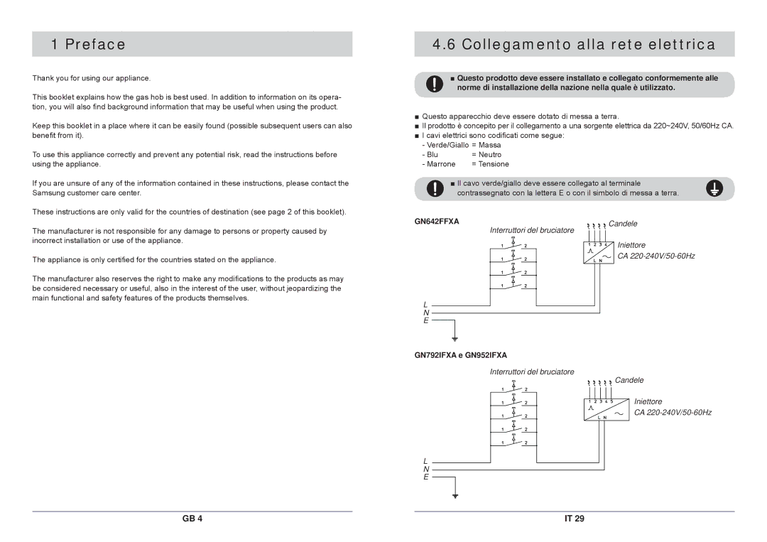 Samsung GN792IFXA/XET, GN792IFXAG/XET manual Preface, Collegamento alla rete elettrica, GN792IFXA e GN952IFXA 