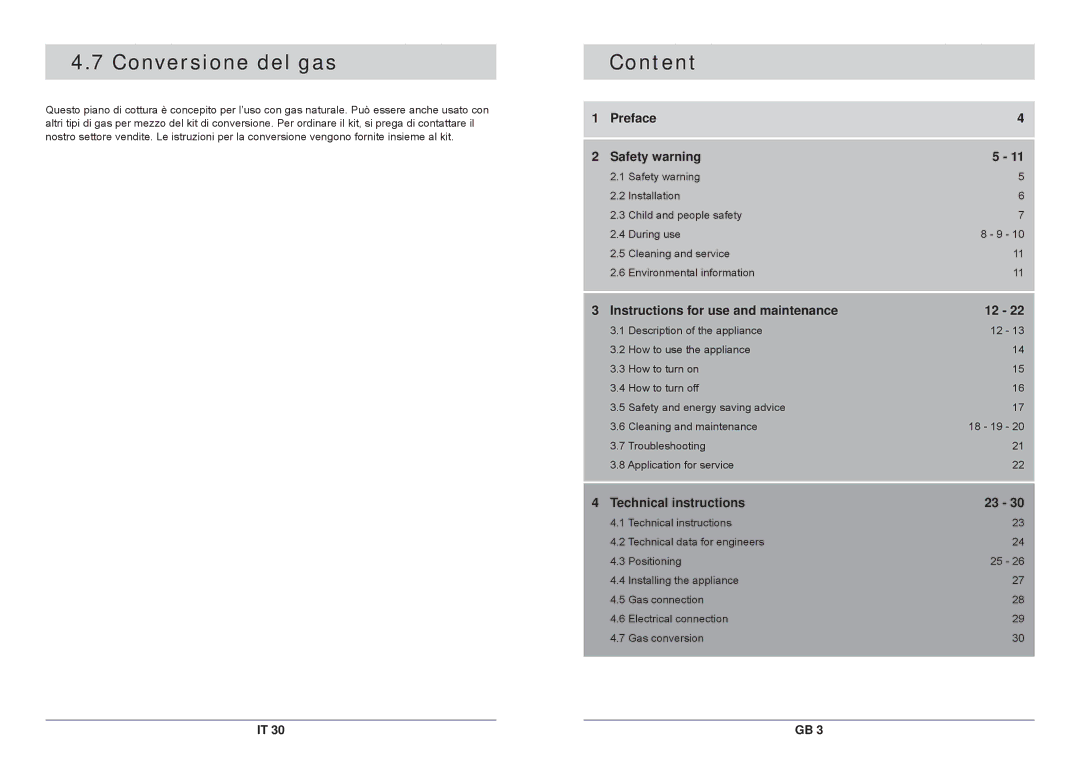 Samsung GN792IFXAG/XET, GN792IFXA/XET manual Conversione del gas, Content 