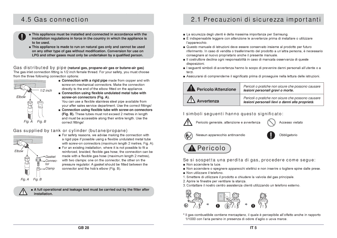 Samsung GN792IFXA/XET, GN792IFXAG/XET manual Gas connection, Precauzioni di sicurezza importanti, Pericolo 