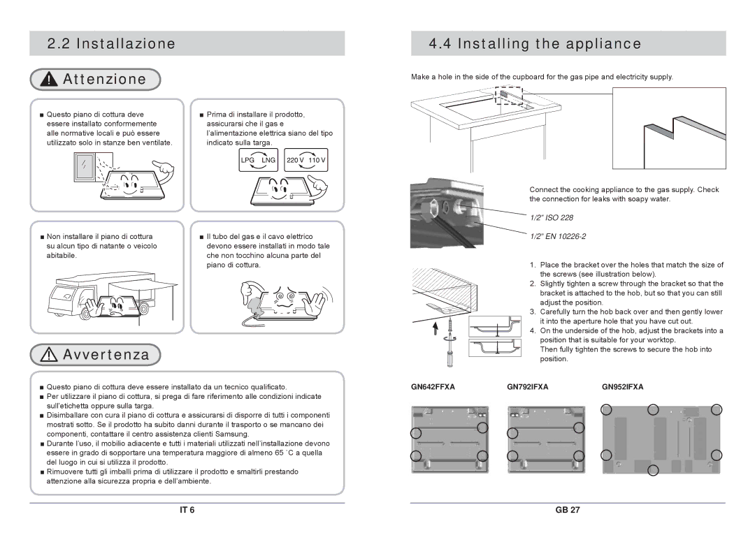 Samsung GN792IFXAG/XET, GN792IFXA/XET manual Installazione Attenzione, Installing the appliance, Avvertenza 