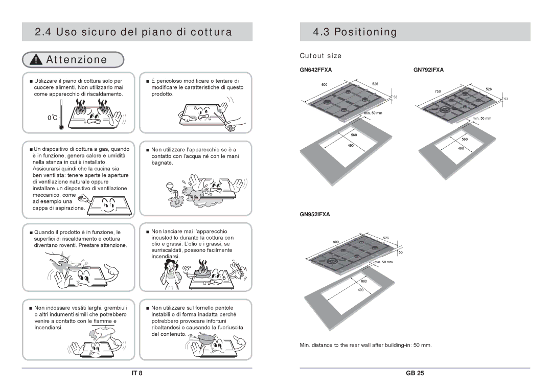 Samsung GN792IFXAG/XET, GN792IFXA/XET manual Uso sicuro del piano di cottura Attenzione Positioning, Cutout size 