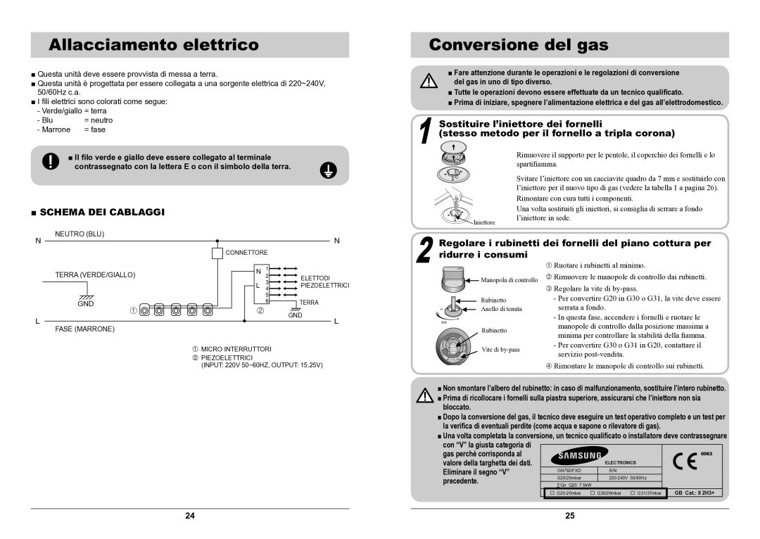 Samsung GN792IFXD/XET manual Allacciamento elettrico, Eliminare il segno, Precedente 