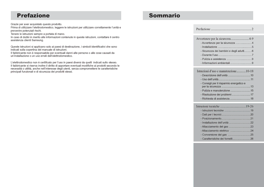 Samsung GN792IFXD/XET manual Prefazione, Sommario, Consigli per il risparmio energetico e 